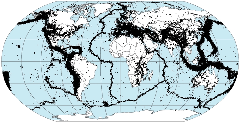 mappa eventi sismici nel mondo 1963-1998